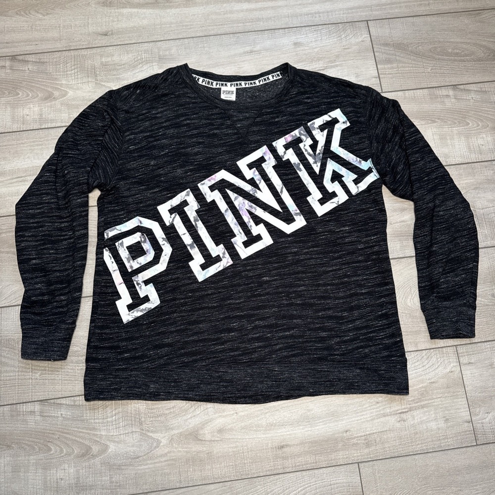 Victoria's Secret Pink Logo Campus Crew Sweatshirt Black Marl Marble Womens L - Picture 3 of 11